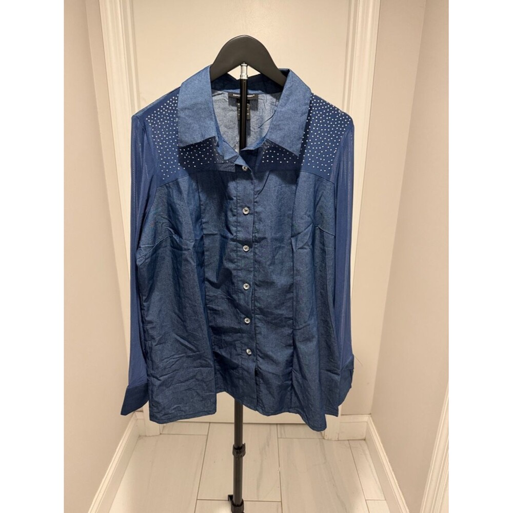 Ashley Stewart Navy Button-Down Shirt with Studded Yoke